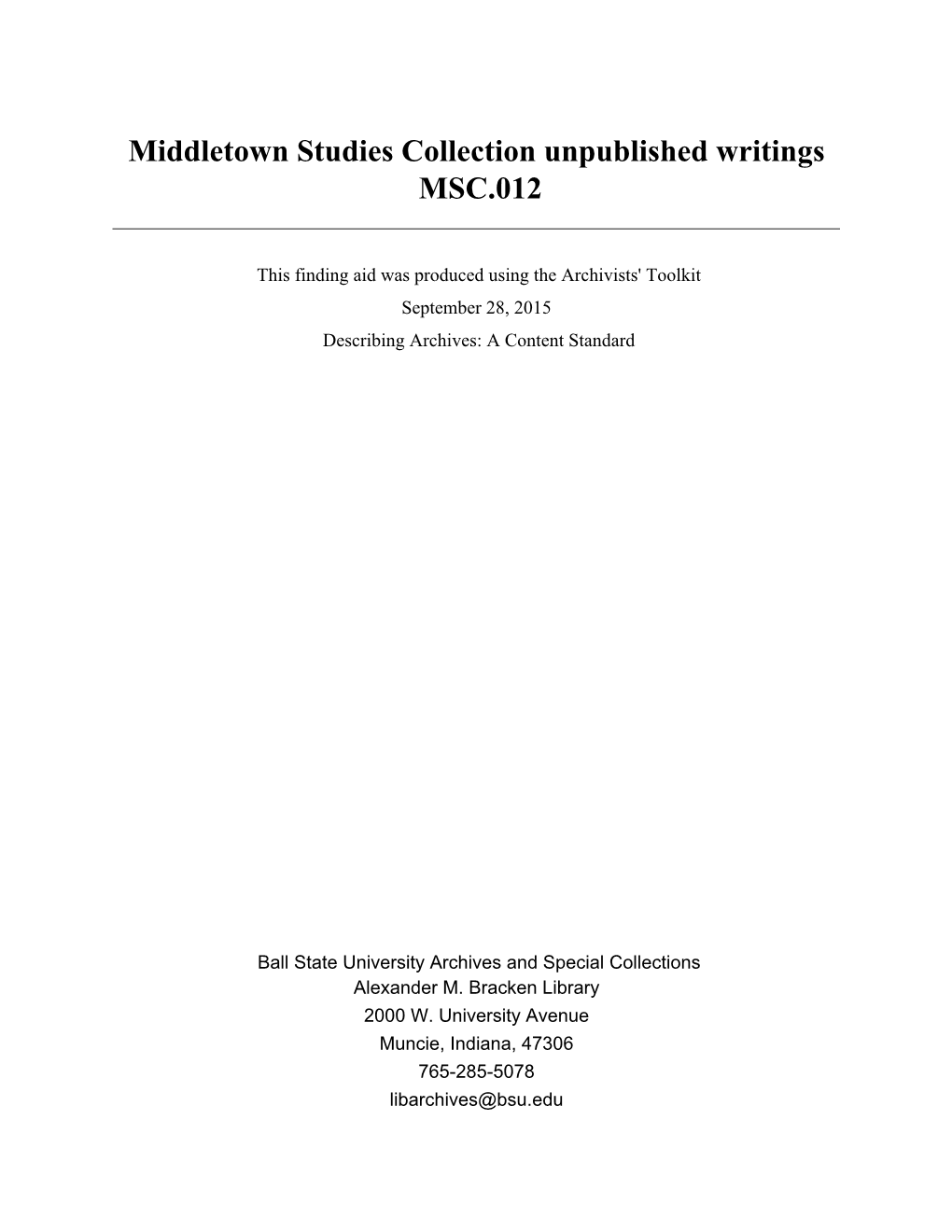 Middletown Studies Collection Unpublished Writings MSC.012