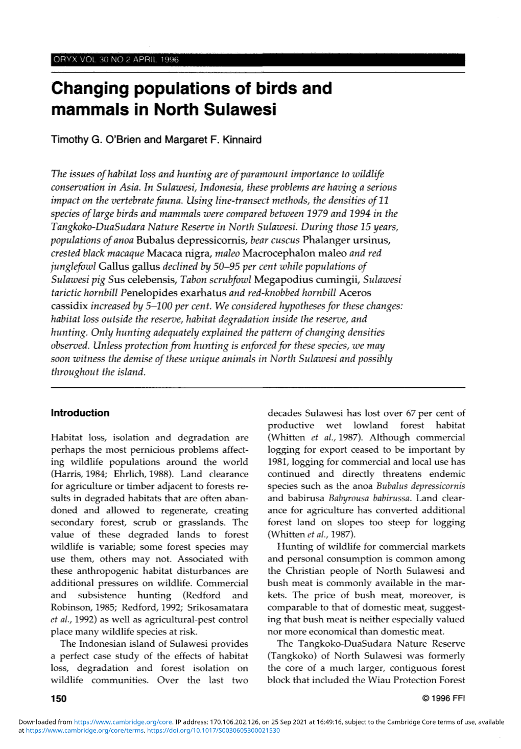 Changing Populations of Birds and Mammals in North Sulawesi