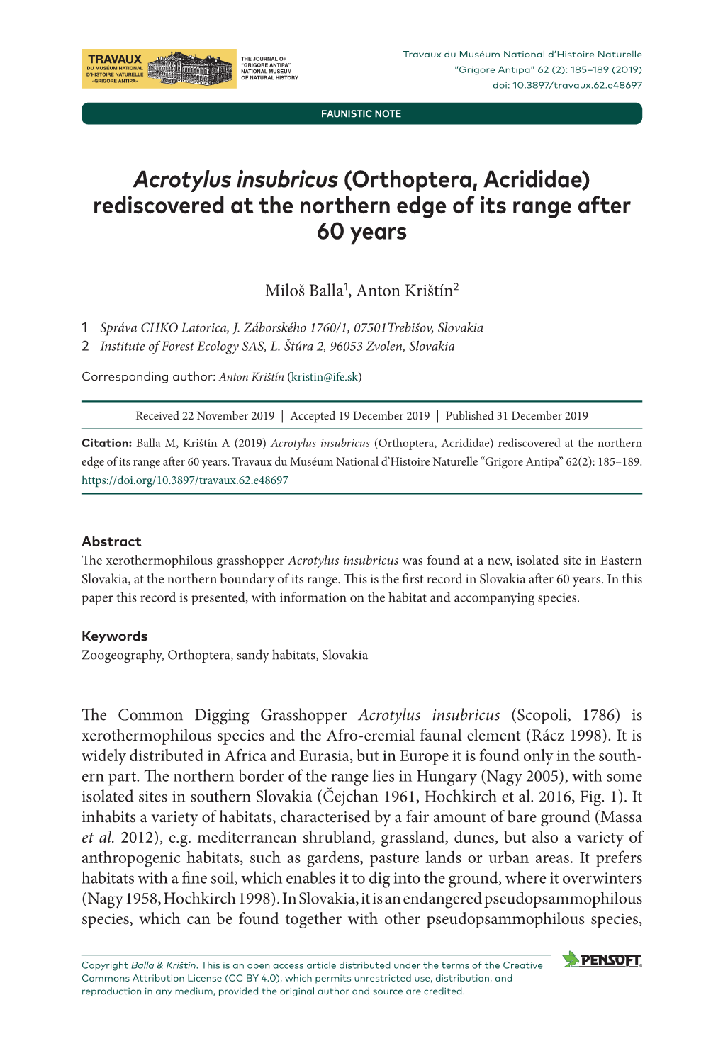 Acrotylus Insubricus (Orthoptera, Acrididae) Rediscovered at the Northern Edge of Its Range After 60 Years