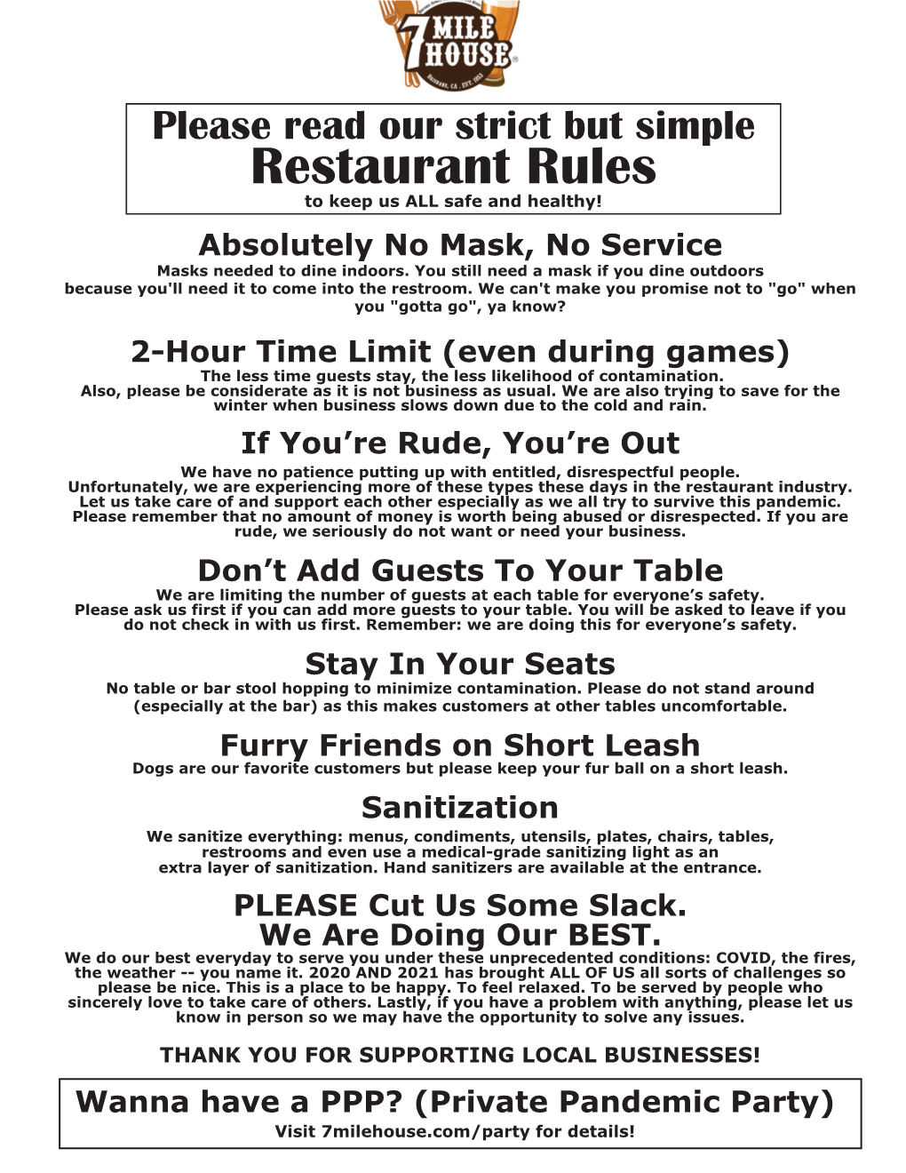 Restaurant Rules to Keep Us ALL Safe and Healthy! Absolutely No Mask, No Service Masks Needed to Dine Indoors