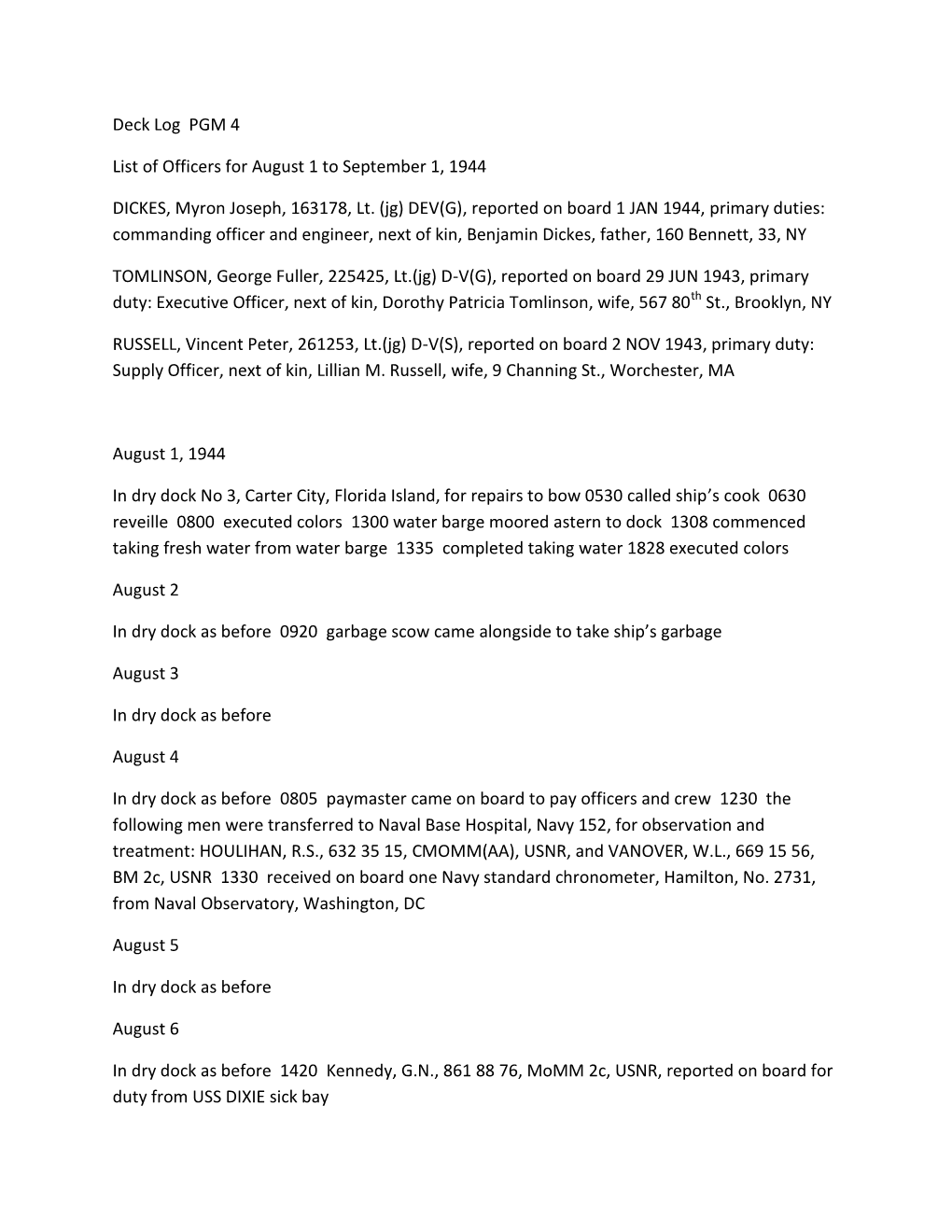 Deck Log PGM 4 List of Officers for August 1 to September 1, 1944 DICKES, Myron Joseph, 163178, Lt. (Jg) DEV(G), Reported on Bo