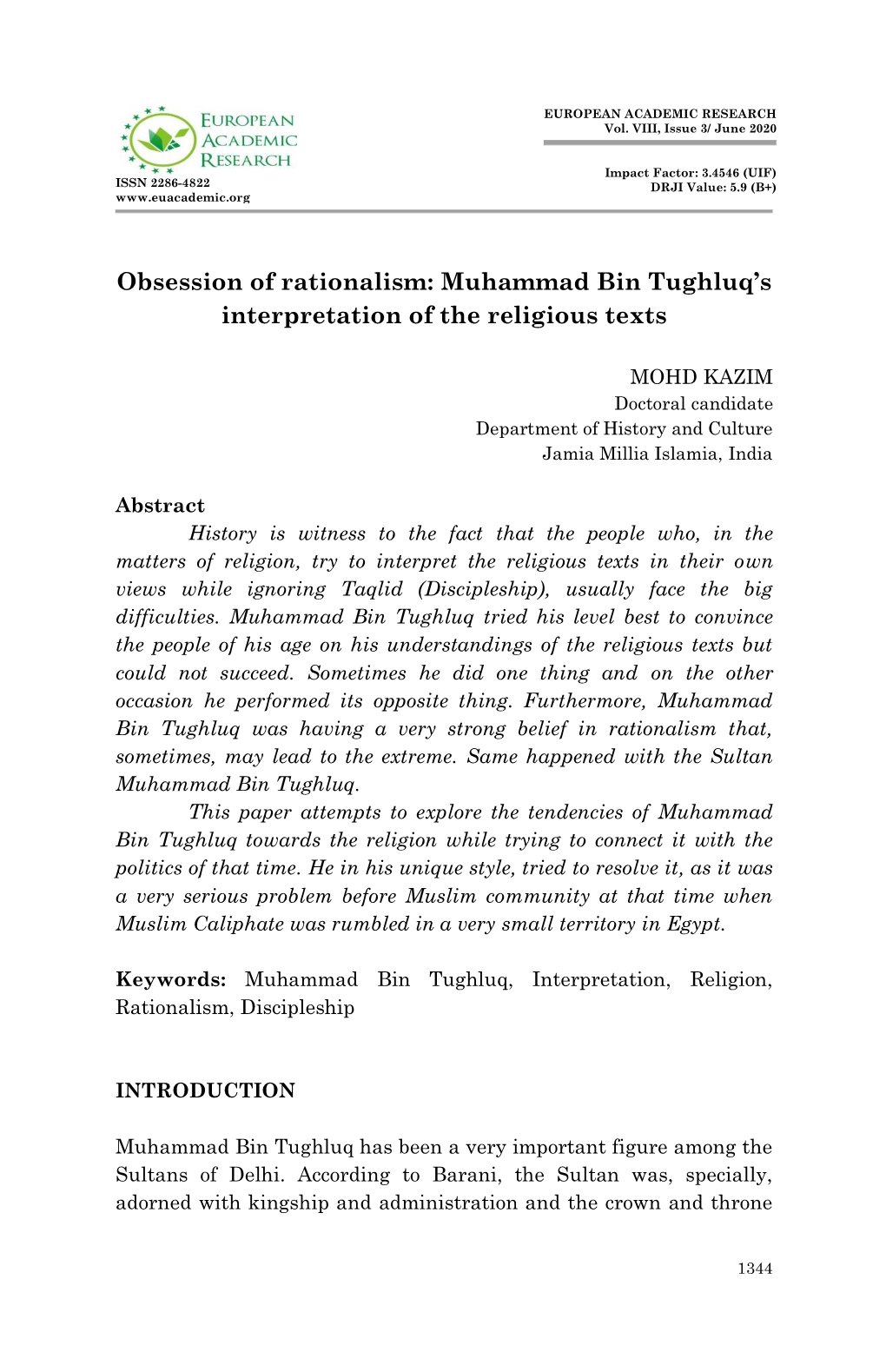 Obsession of Rationalism: Muhammad Bin Tughluq's Interpretation of the Religious Texts