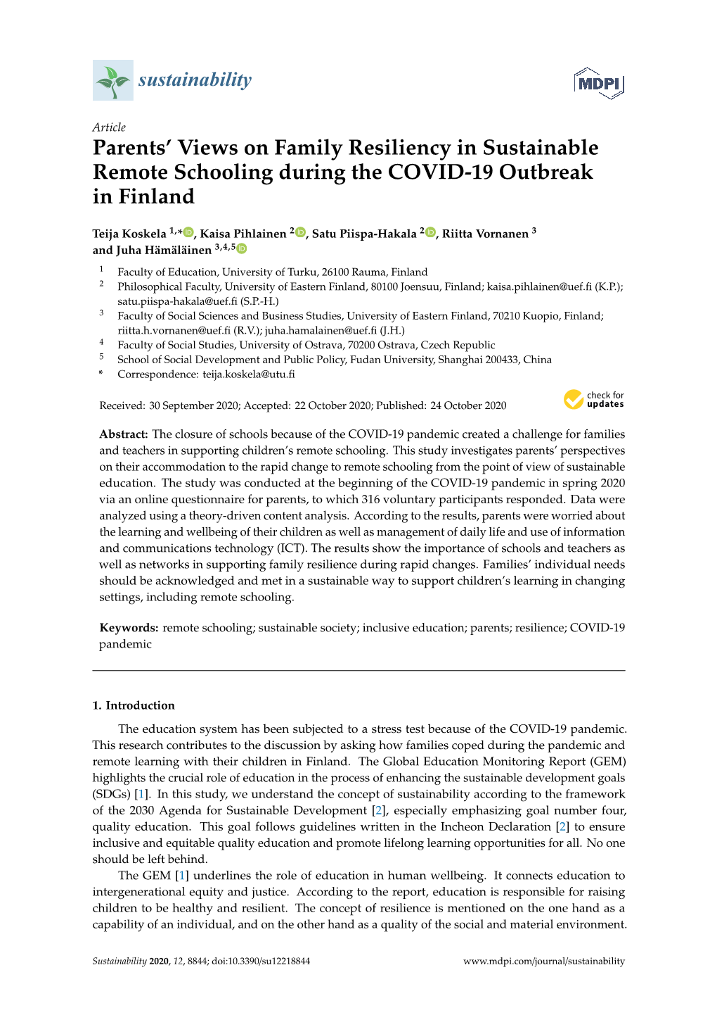 Parents' Views on Family Resiliency in Sustainable Remote Schooling During the COVID-19 Outbreak in Finland