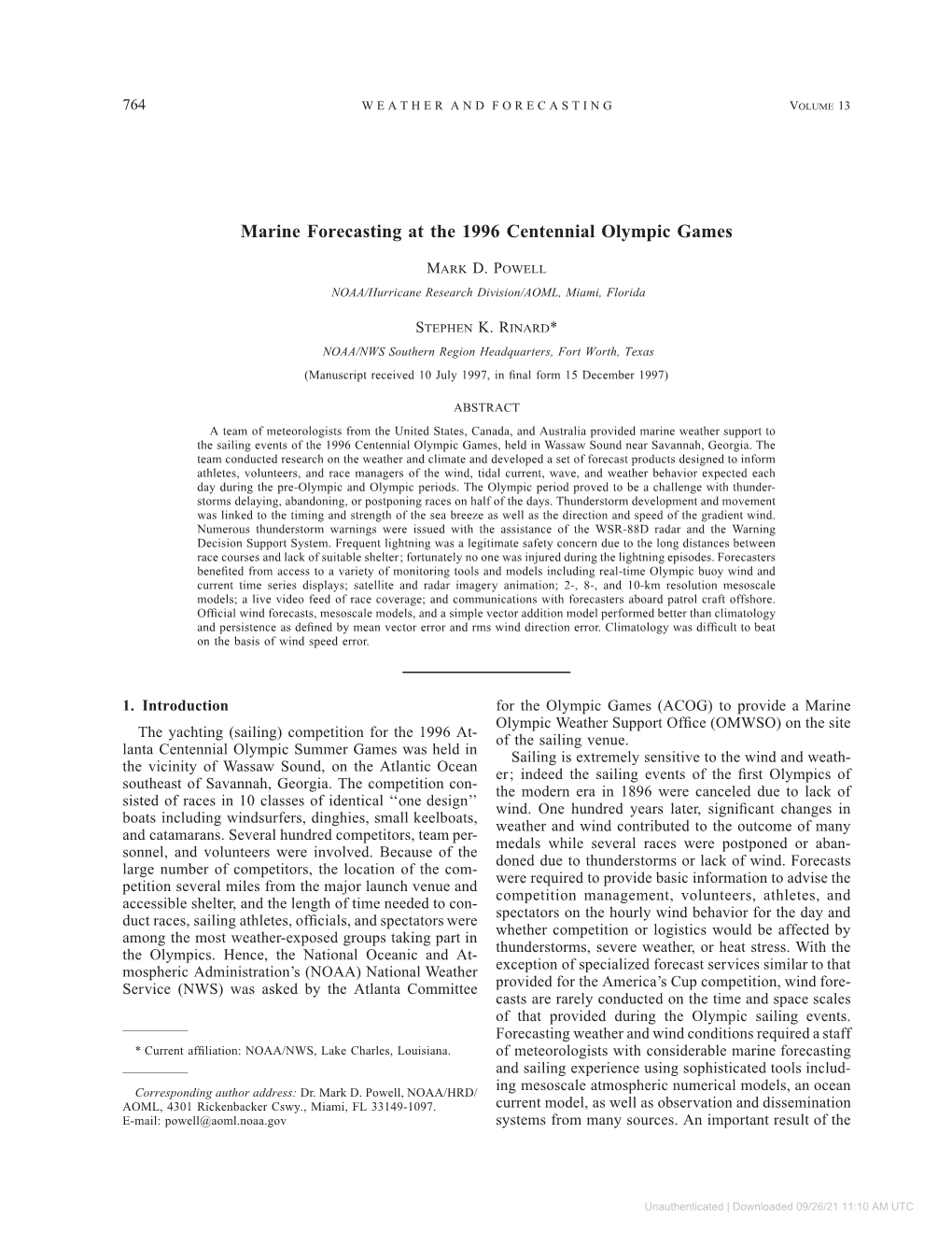 Marine Forecasting at the 1996 Centennial Olympic Games