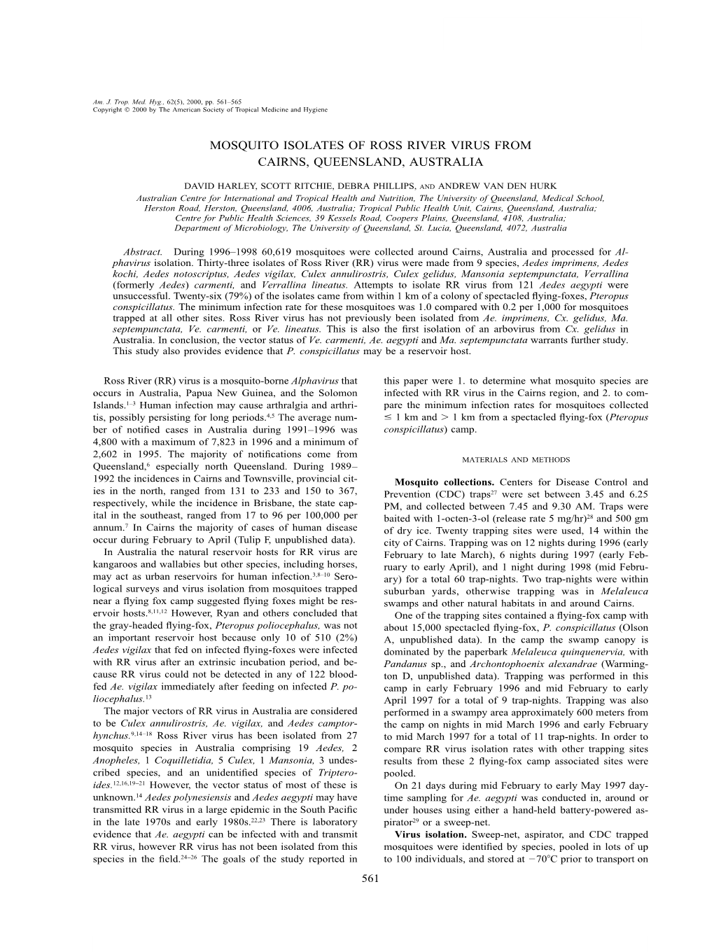 Mosquito Isolates of Ross River Virus from Cairns, Queensland, Australia