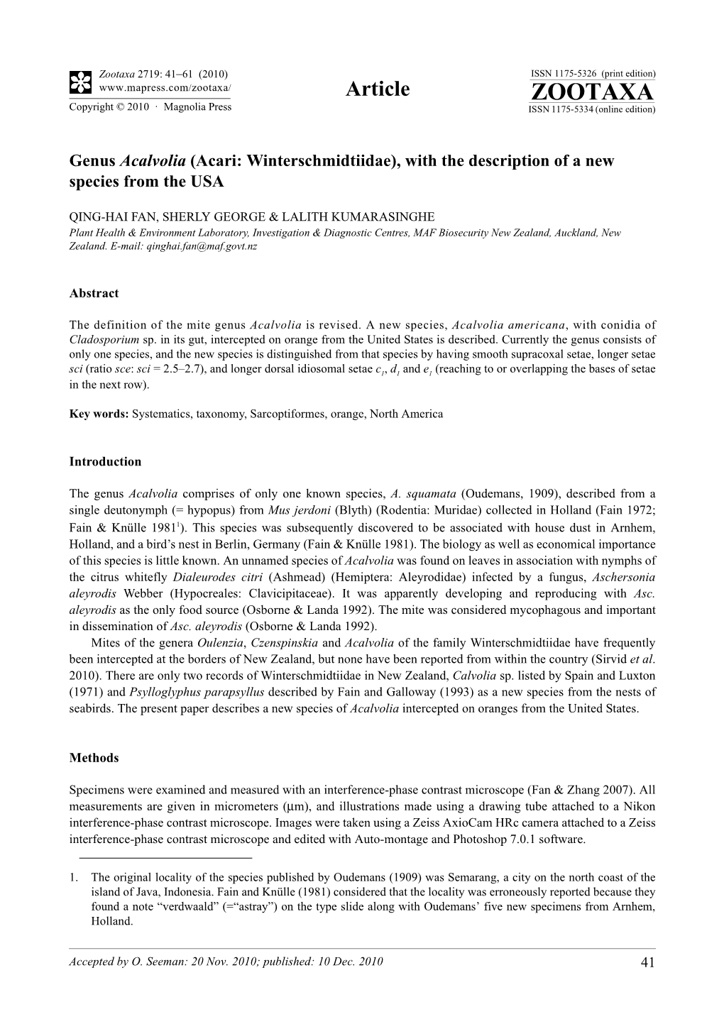 Genus Acalvolia (Acari: Winterschmidtiidae), with the Description of a New Species from the USA