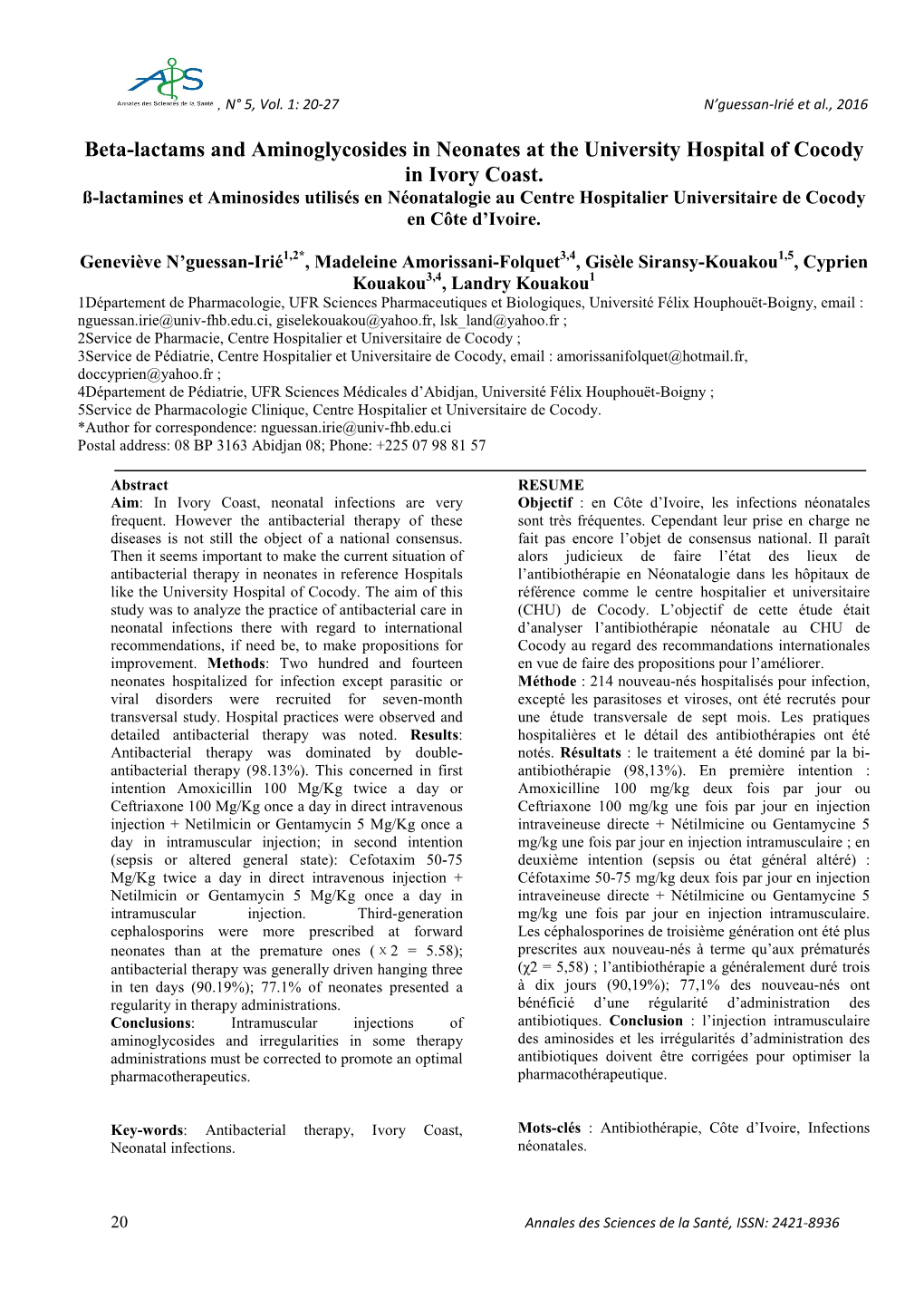 Beta-Lactams and Aminoglycosides in Neonates at the University Hospital of Cocody in Ivory Coast