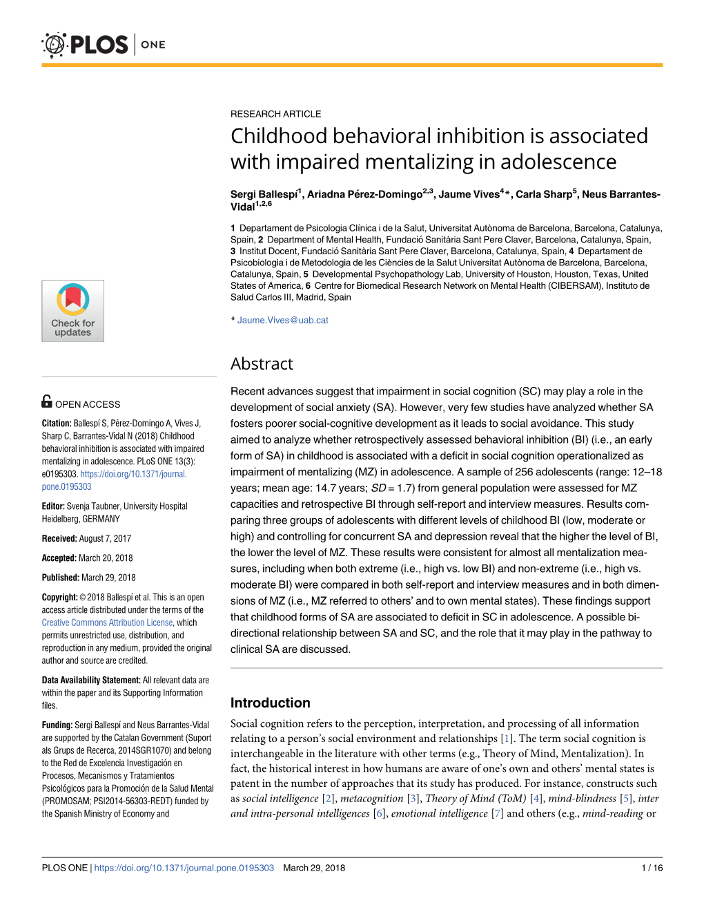 Childhood Behavioral Inhibition Is Associated with Impaired Mentalizing in Adolescence