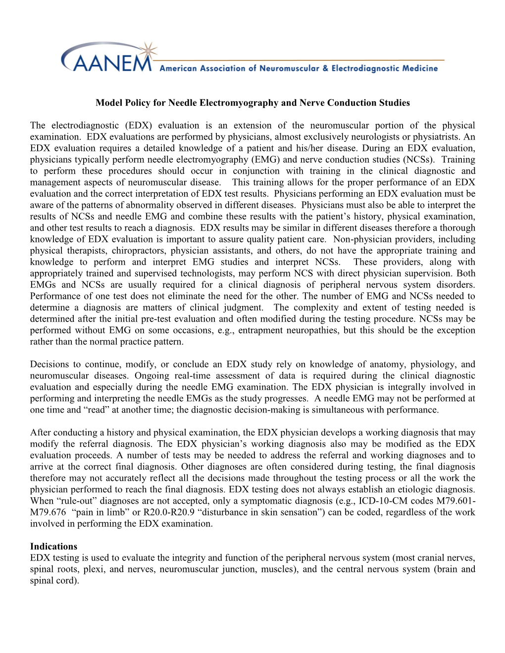 Model Policy for Needle Electromyography and Nerve Conduction Studies