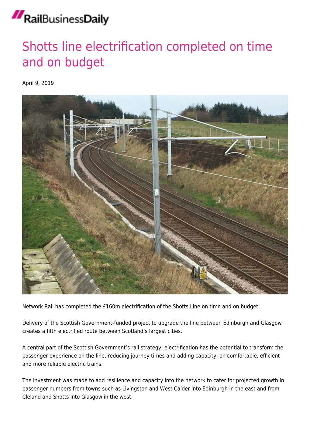 Shotts Line Electrification Completed on Time and on Budget