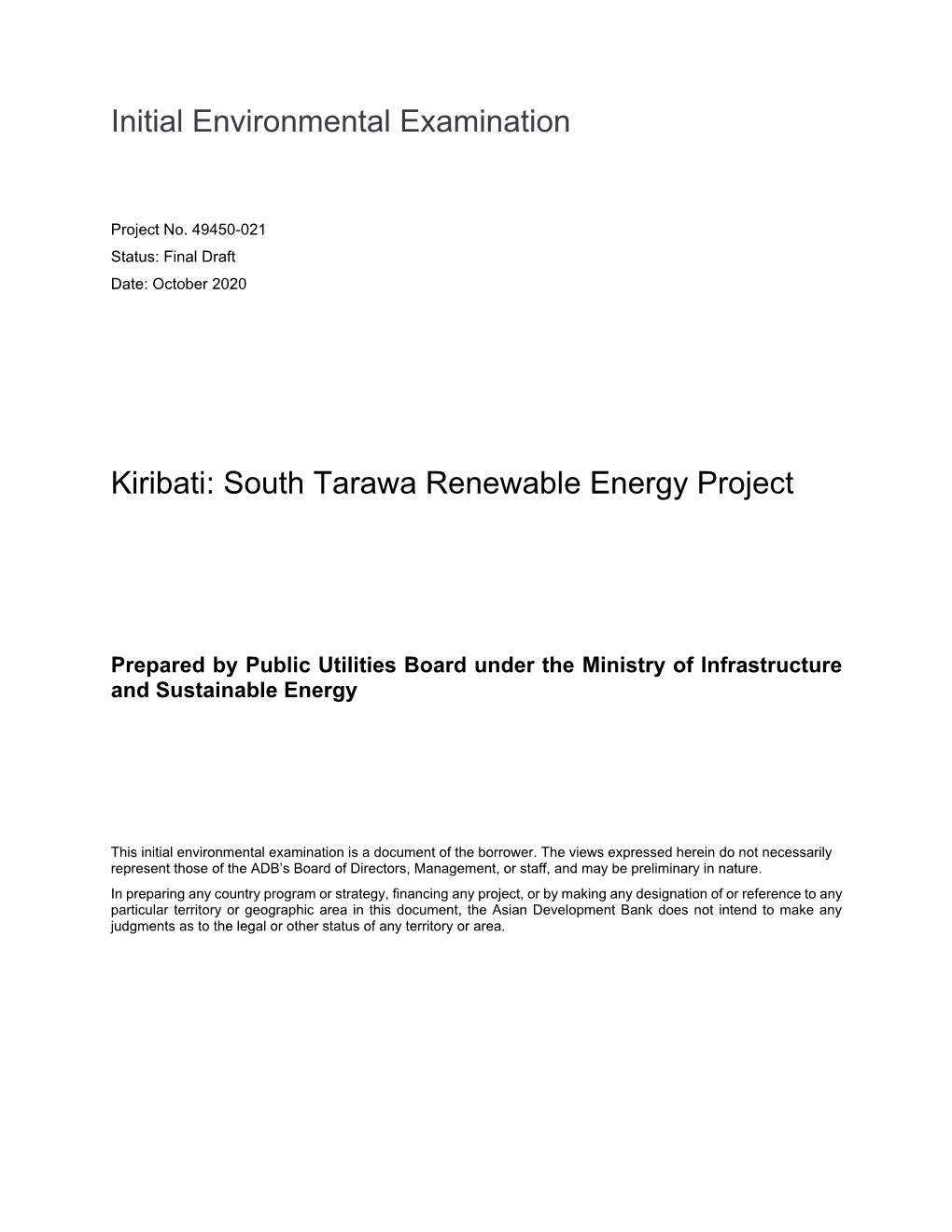 South Tarawa Renewable Energy Project: Initial Environmental Examination