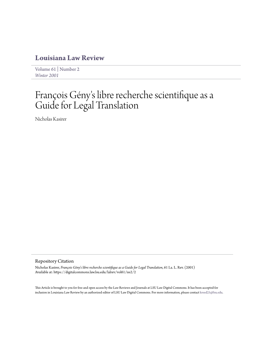 François Gény's Libre Recherche Scientifique As a Guide for Legal Translation, 61 La