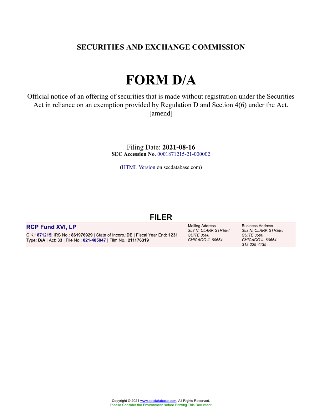 RCP Fund XVI, LP Form D/A Filed 2021-08-16