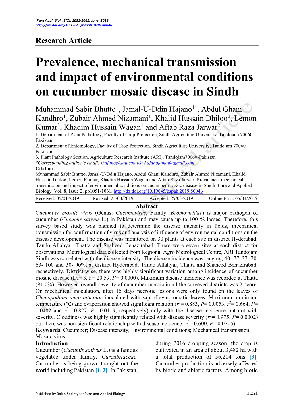 Prevalence, Mechanical Transmission and Impact of Environmental Conditions on Cucumber Mosaic Disease in Sindh