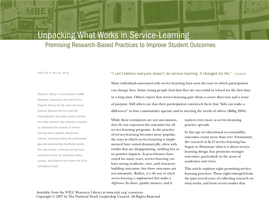 Unpacking What Works in Service-Learning Promising Research-Based Practices to Improve Student Outcomes