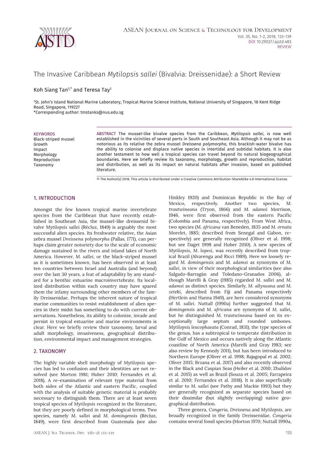 The Invasive Caribbean Mytilopsis Sallei (Bivalvia: Dreissenidae): a Short Review