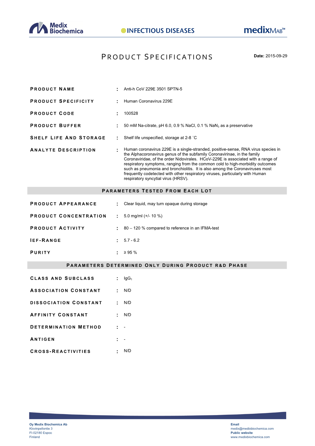 Product Specifications Sheet