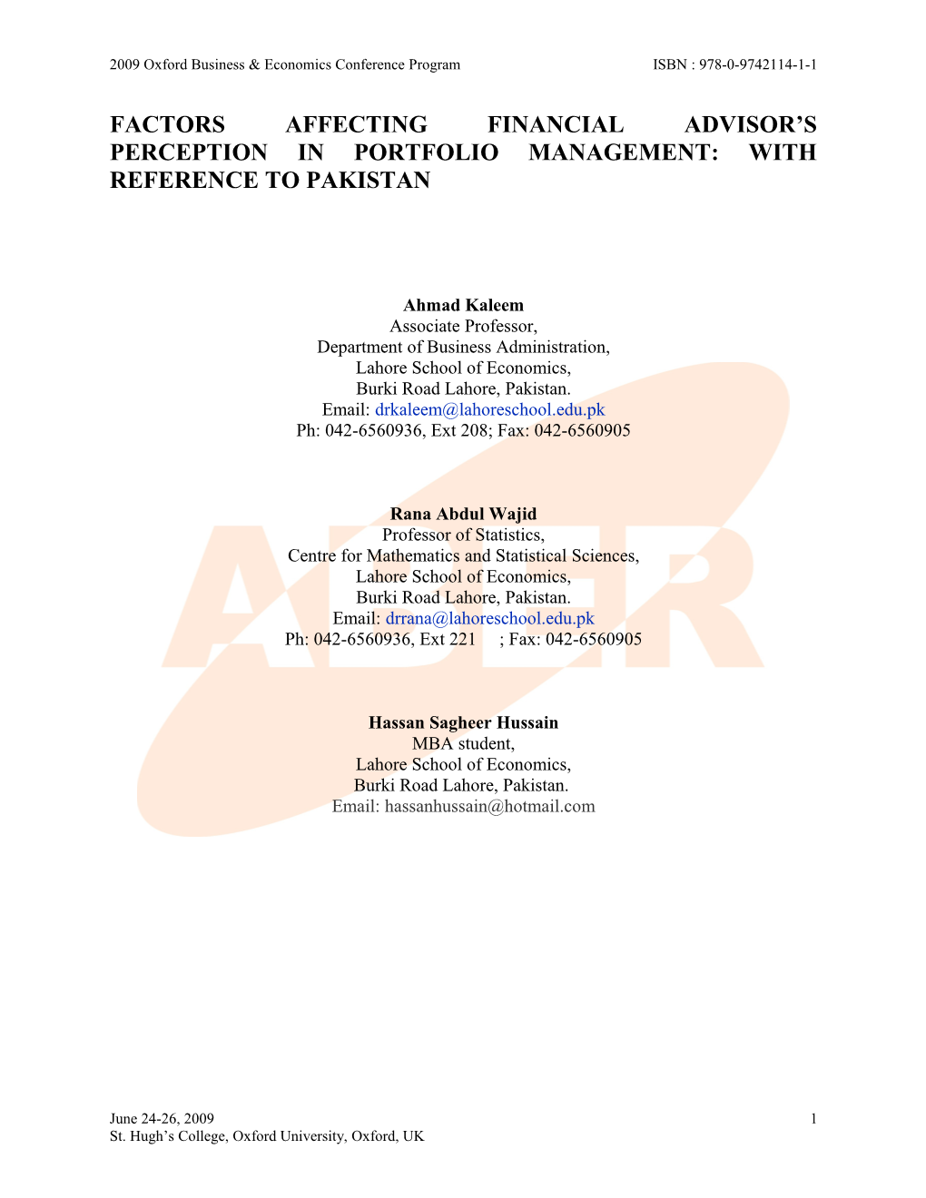 Factors Affecting Financial Advisor’S Perception In Portfolio Management: With Reference To Pakistan