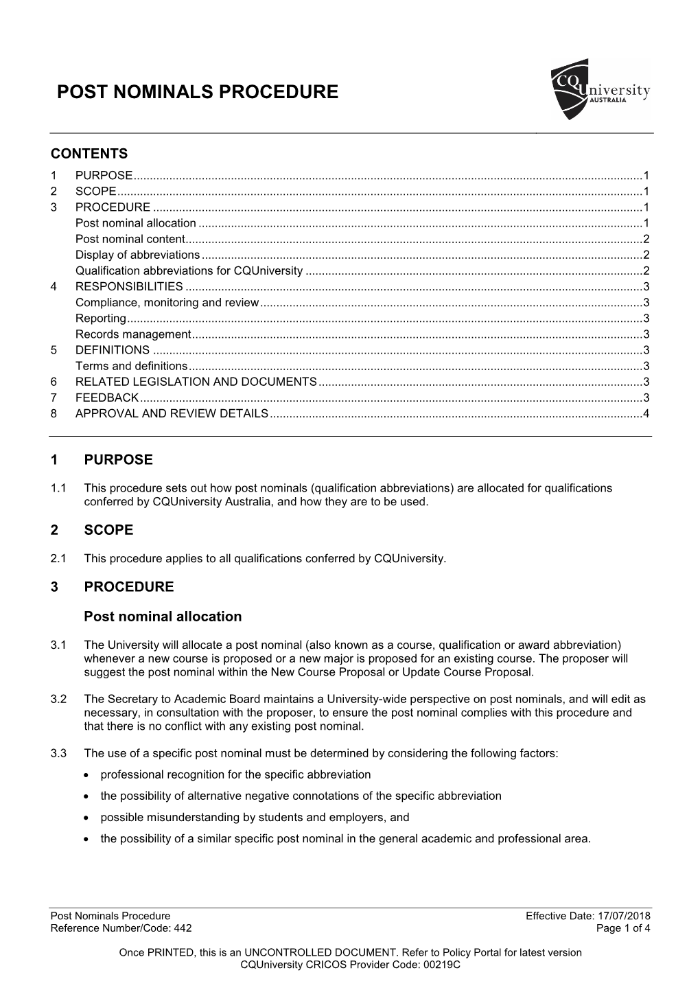 Post Nominals Procedure