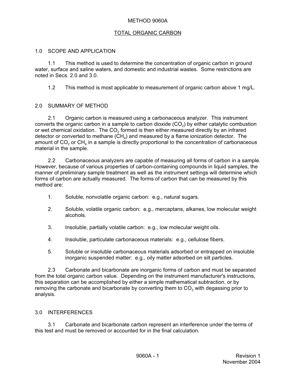 Method 9060A: Total Organic Carbon, Part of Test Methods for Evaluating