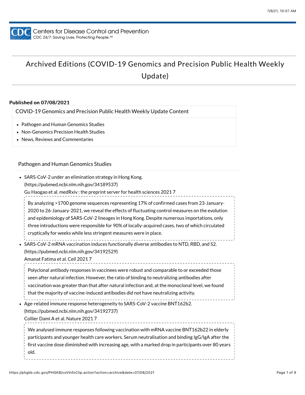COVID-19 Genomics and Precision Public Health Weekly Update)