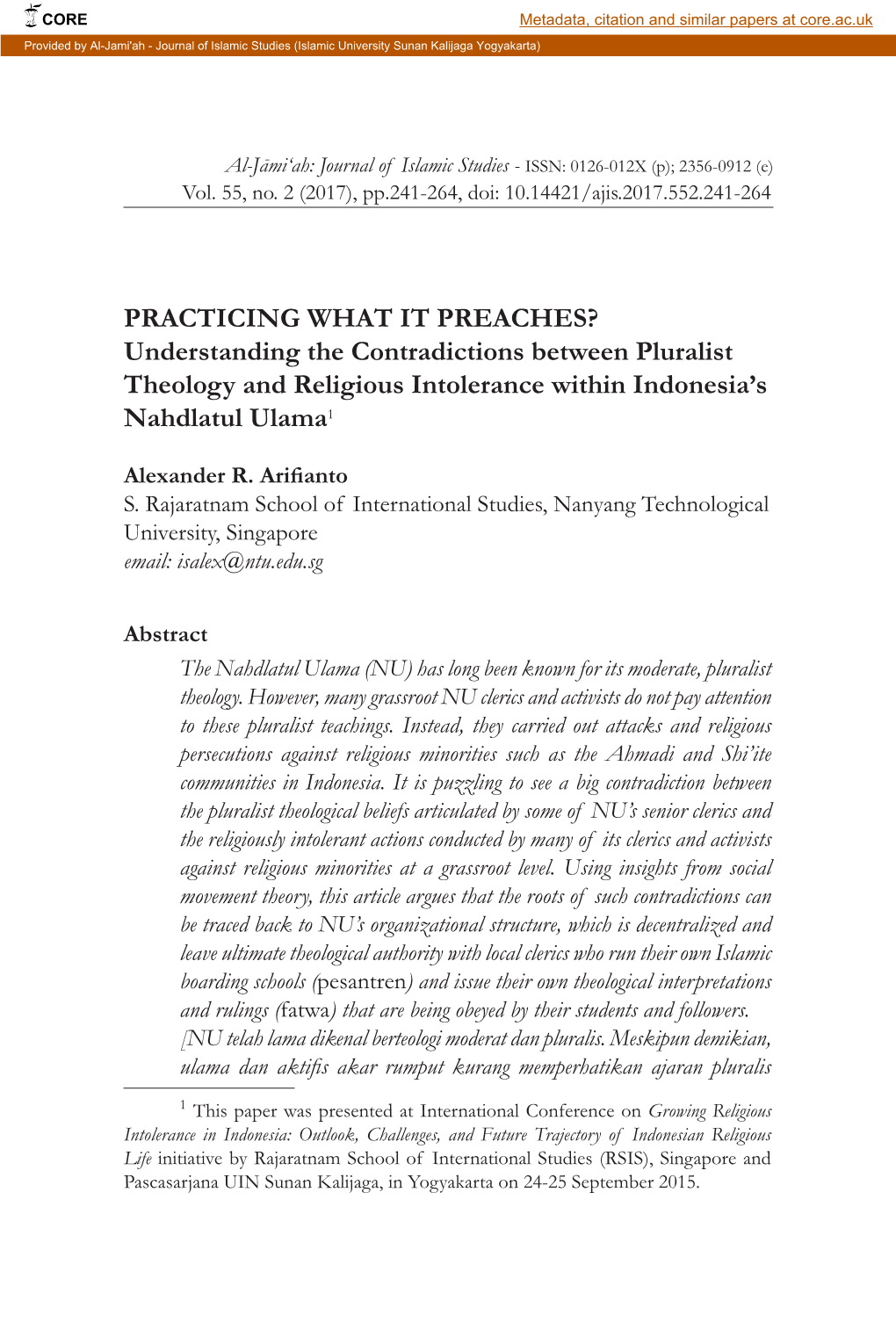 Understanding the Contradictions Between Pluralist Theology and Religious Intolerance Within Indonesia’S Nahdlatul Ulama1