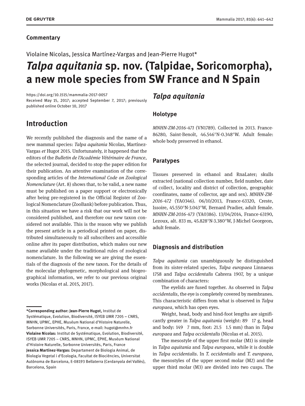 Talpa Aquitania Sp. Nov. (Talpidae, Soricomorpha), a New Mole Species