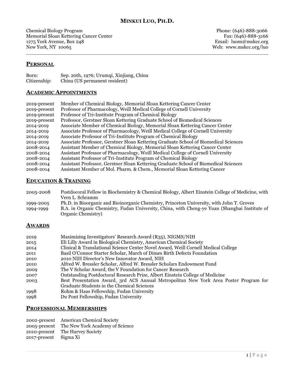 MINKUI LUO, PH.D. 1 | Page Chemical Biology Program Phone