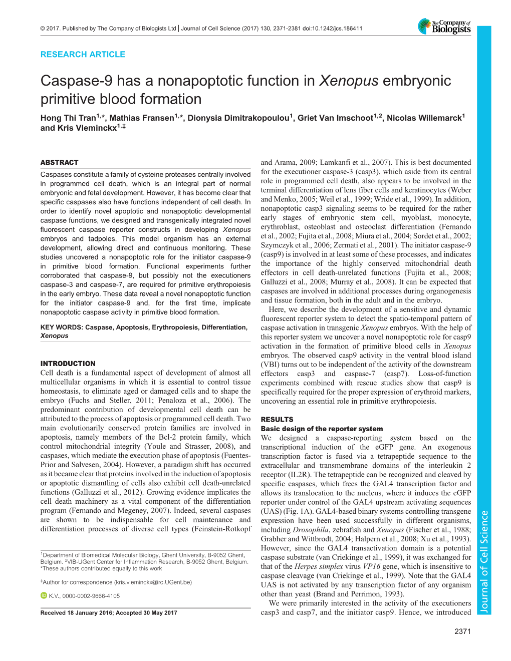 Caspase-9 Has a Nonapoptotic Function in Xenopus Embryonic