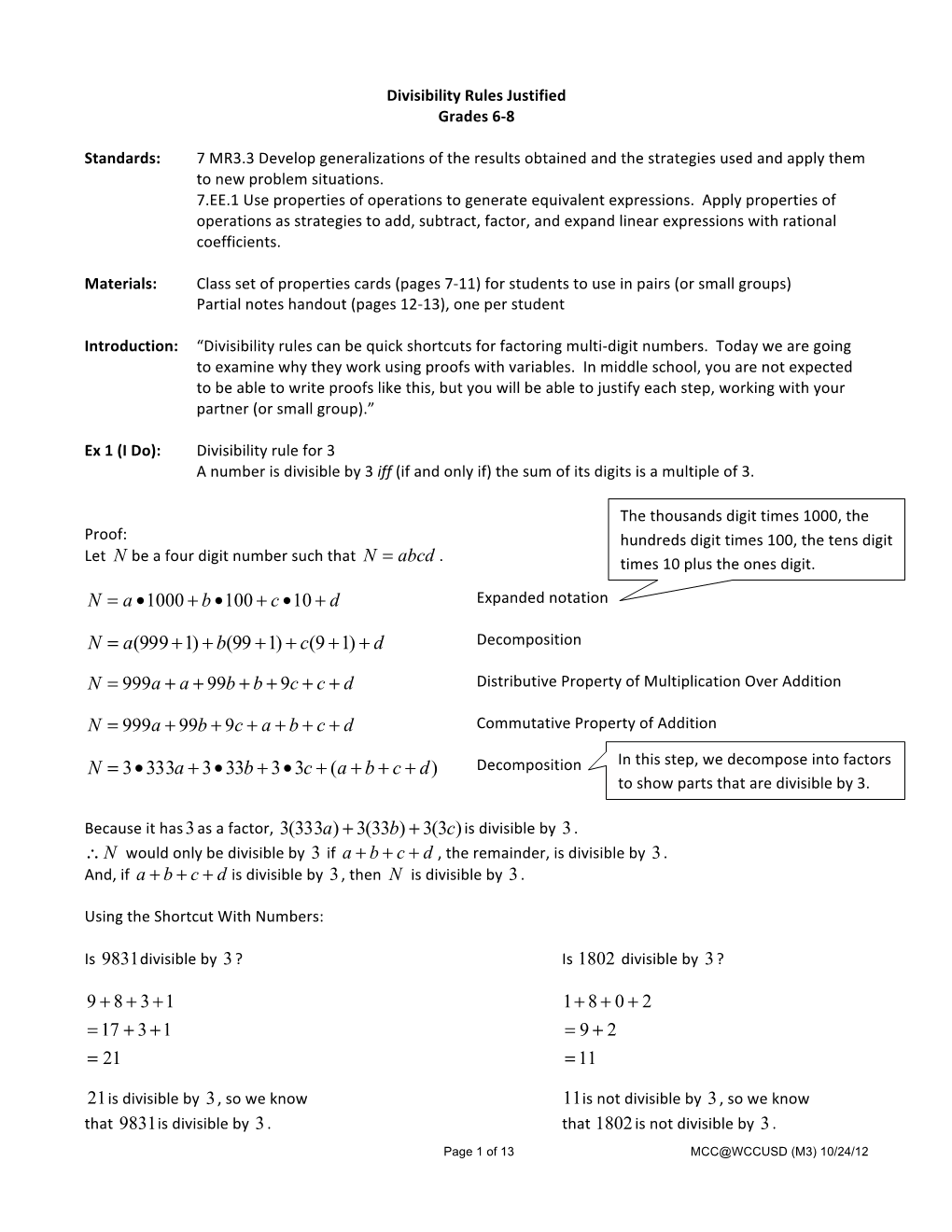 Divisibility Rules Justified Grades 6-8