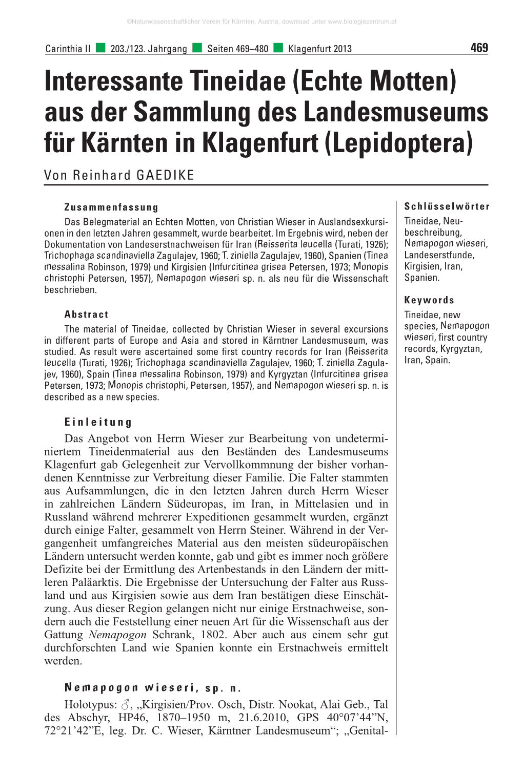 Echte Motten) Aus Der Sammlung Des Landesmuseums Für Kärnten in Klagenfurt (Lepidoptera) Von Reinhard Gaedike