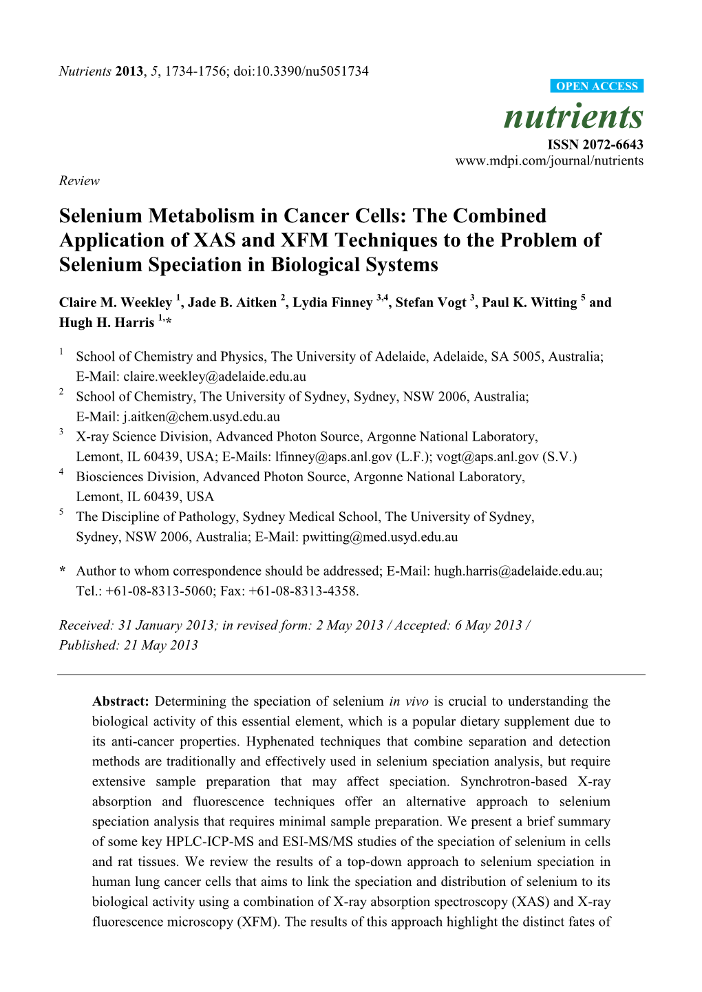 Selenium Metabolism in Cancer Cells: the Combined Application of XAS and XFM Techniques to the Problem of Selenium Speciation in Biological Systems