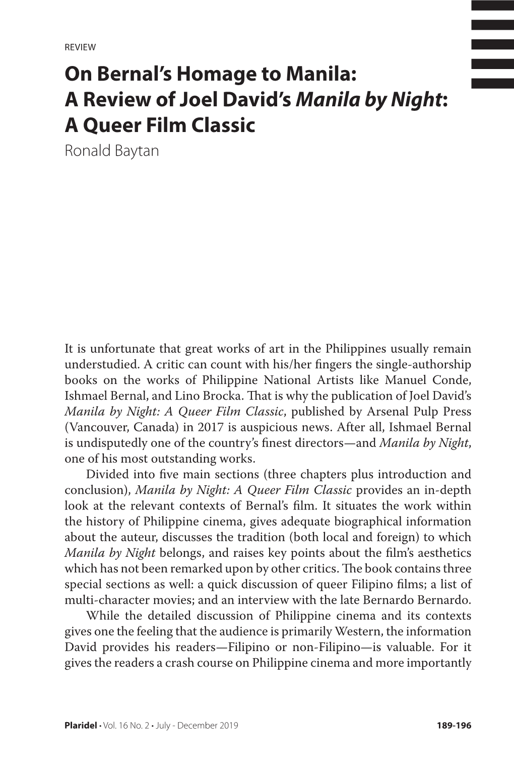 On Bernal's Homage to Manila: a Review of Joel David's Manila By