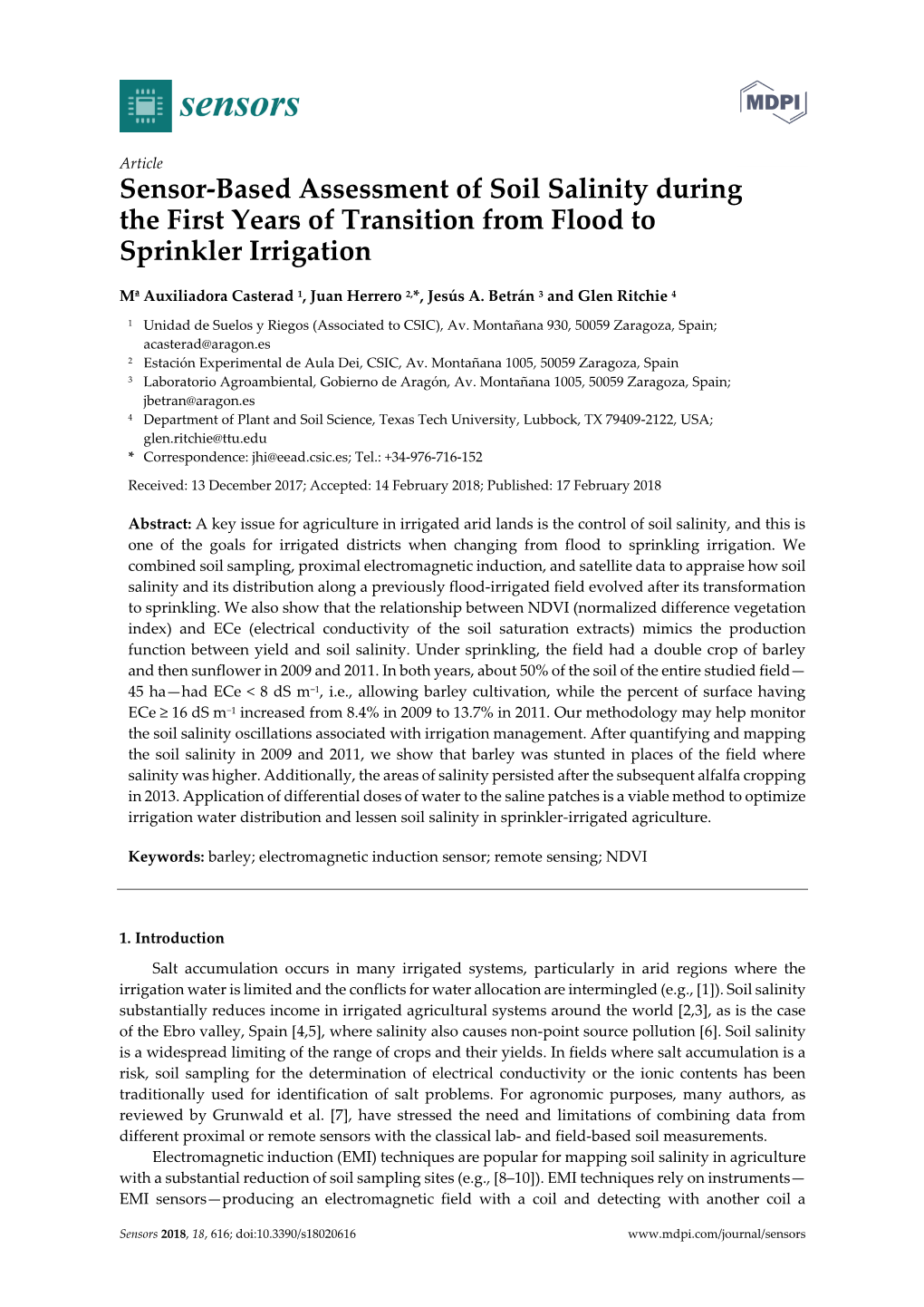 Sensor-Based Assessment of Soil Salinity During the First Years of Transition from Flood to Sprinkler Irrigation