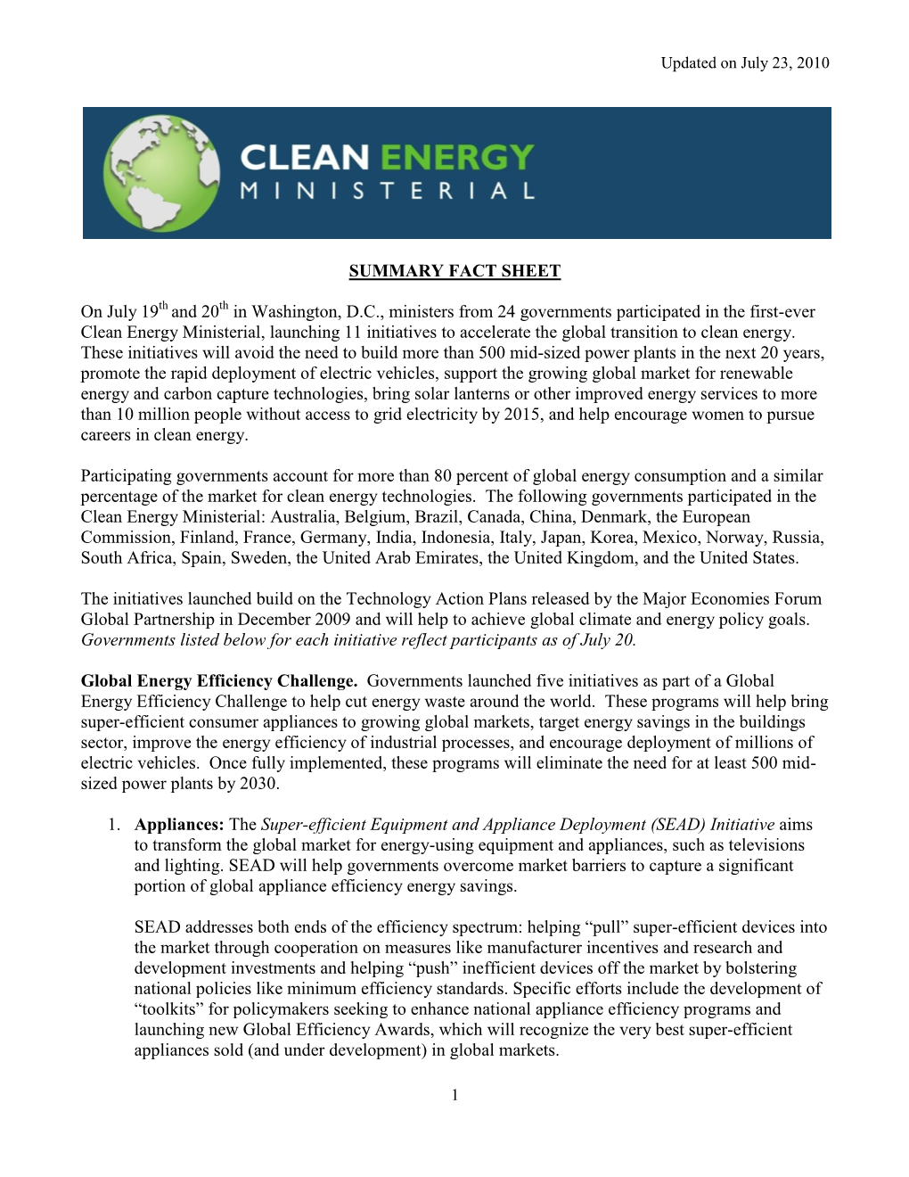 SUMMARY FACT SHEET on July 19 and 20 in Washington, D.C., Ministers from 24 Governments Participated in the First-Ever Clean