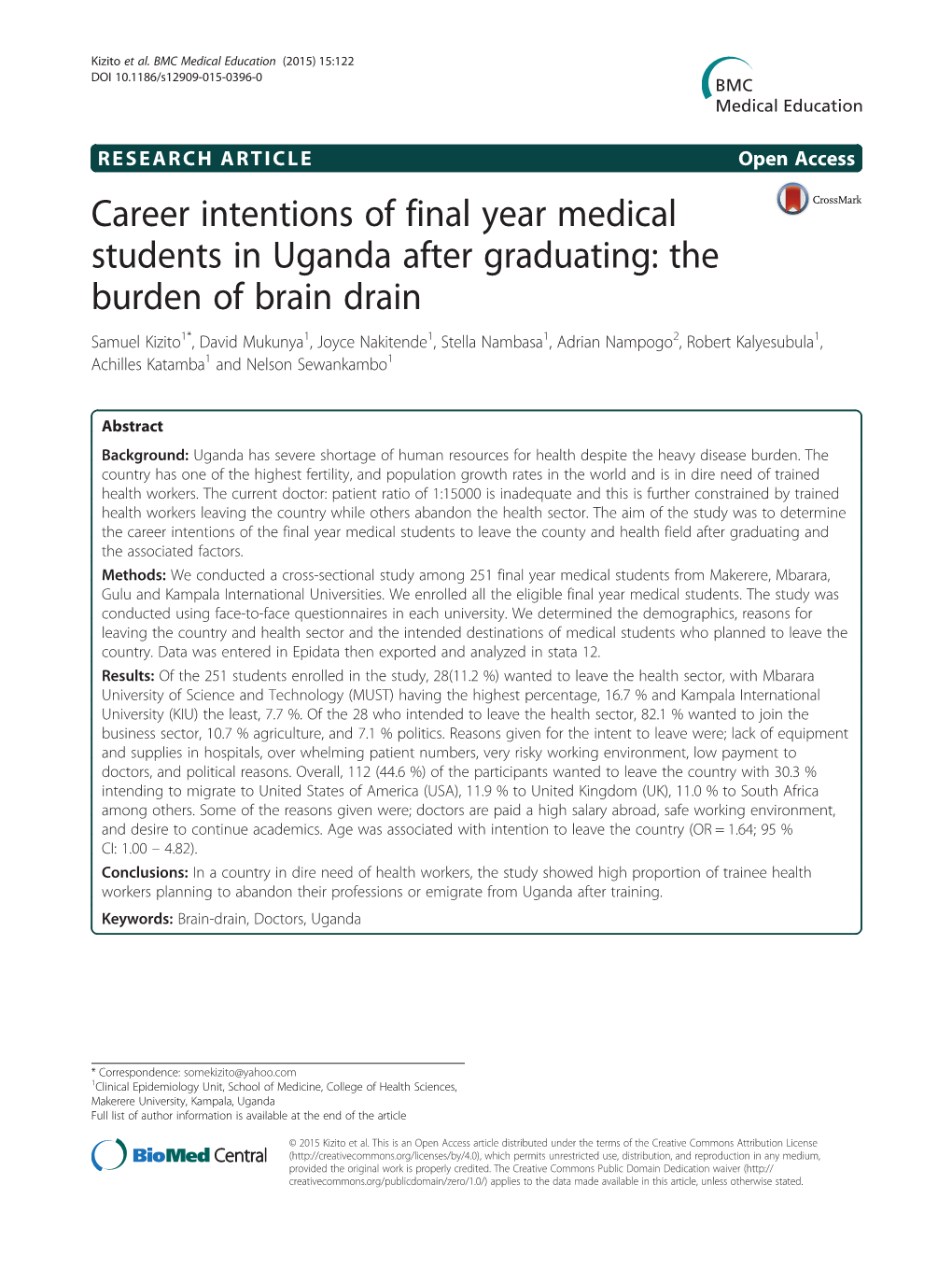 Career Intentions of Final Year Medical Students in Uganda After Graduating