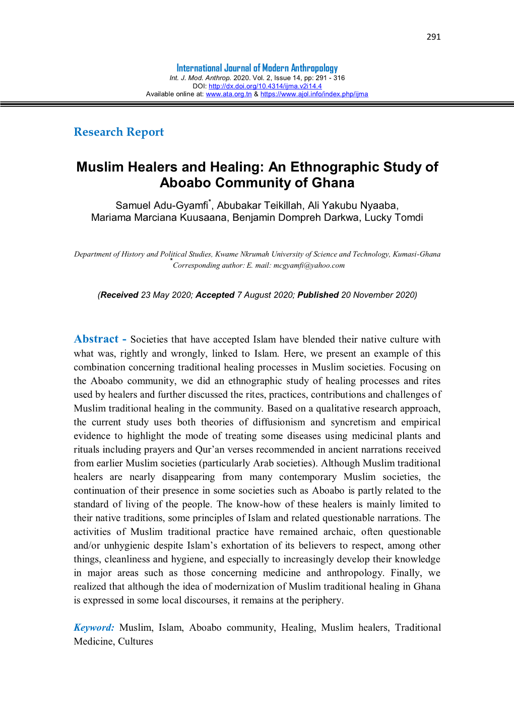 Muslim Healers and Healing: an Ethnographic Study of Aboabo Community of Ghana