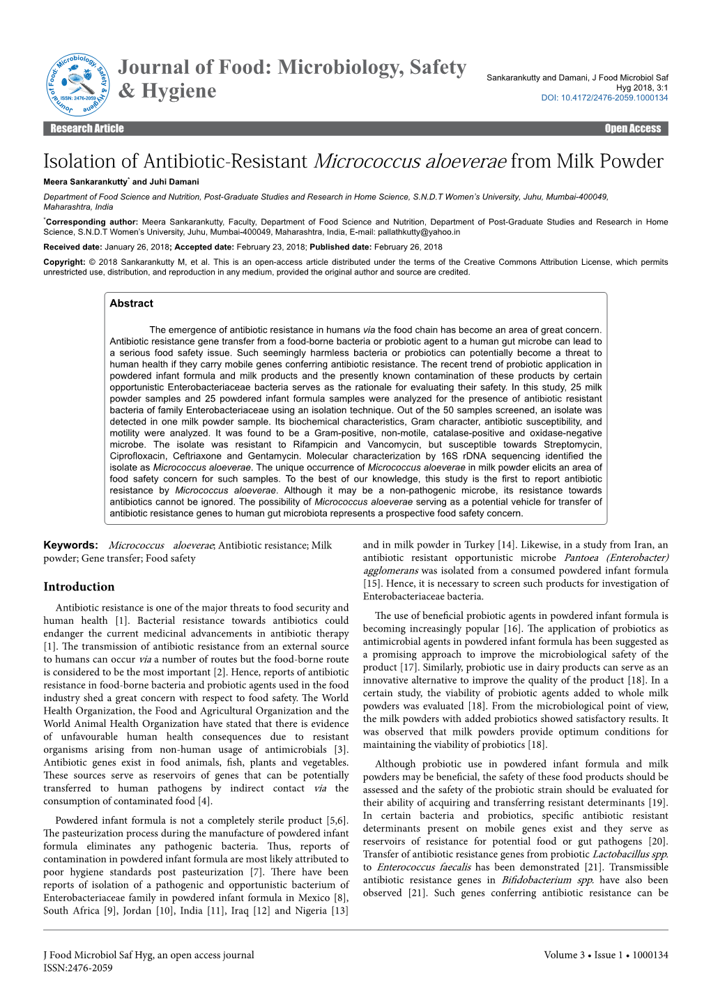 Isolation of Antibiotic-Resistant Micrococcus Aloeverae from Milk Powder