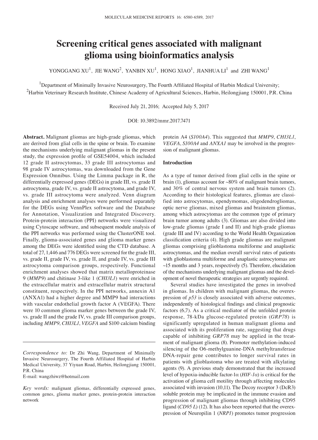 Screening Critical Genes Associated with Malignant Glioma Using Bioinformatics Analysis