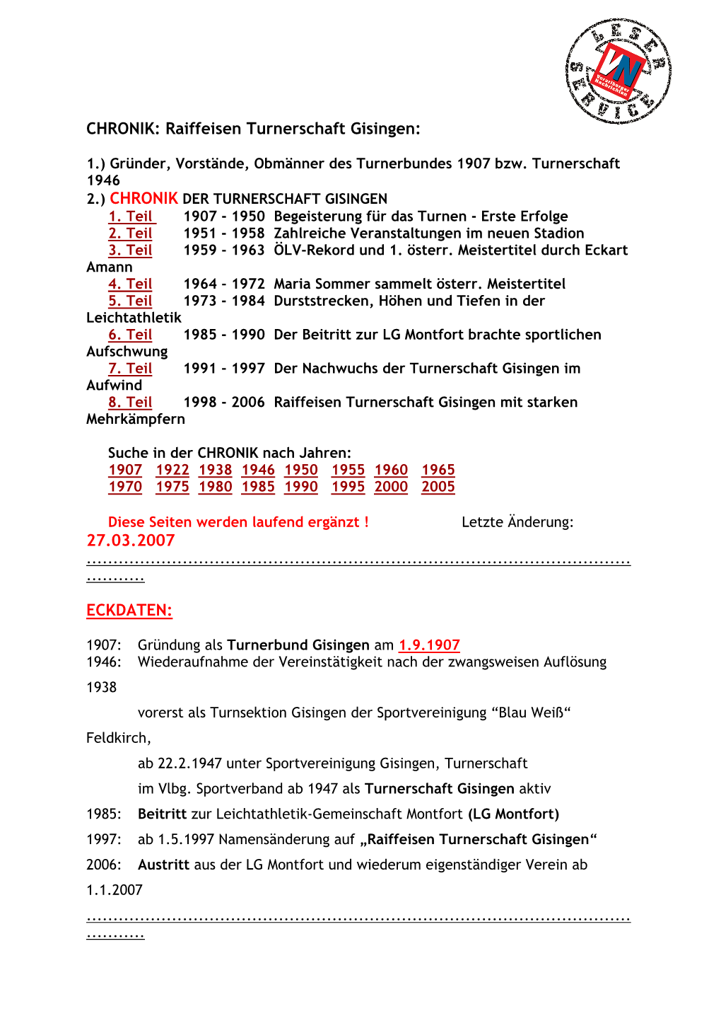 Raiffeisen Turnerschaft Gisingen: 27.03.2007 ECKDATEN