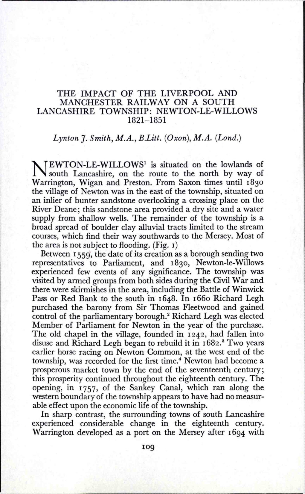 NEWTON-LE-WILLOWS 1821-1851 Lynton J. Smith, M.A., B.Litt