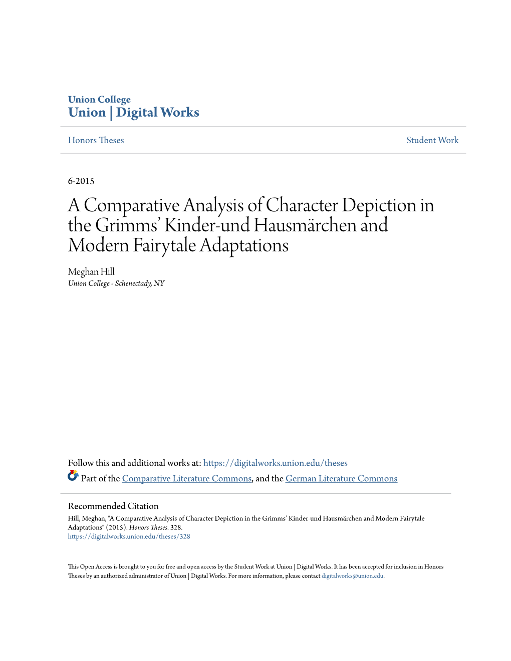 A Comparative Analysis of Character Depiction in the Grimms' Kinder