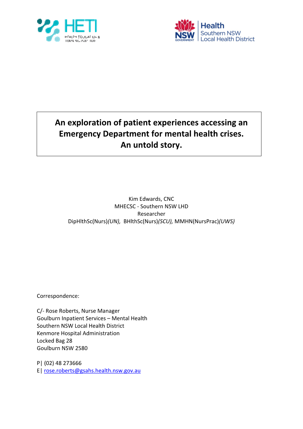 An Exploration of Patient Experiences Accessing an Emergency Department for Mental Health Crises