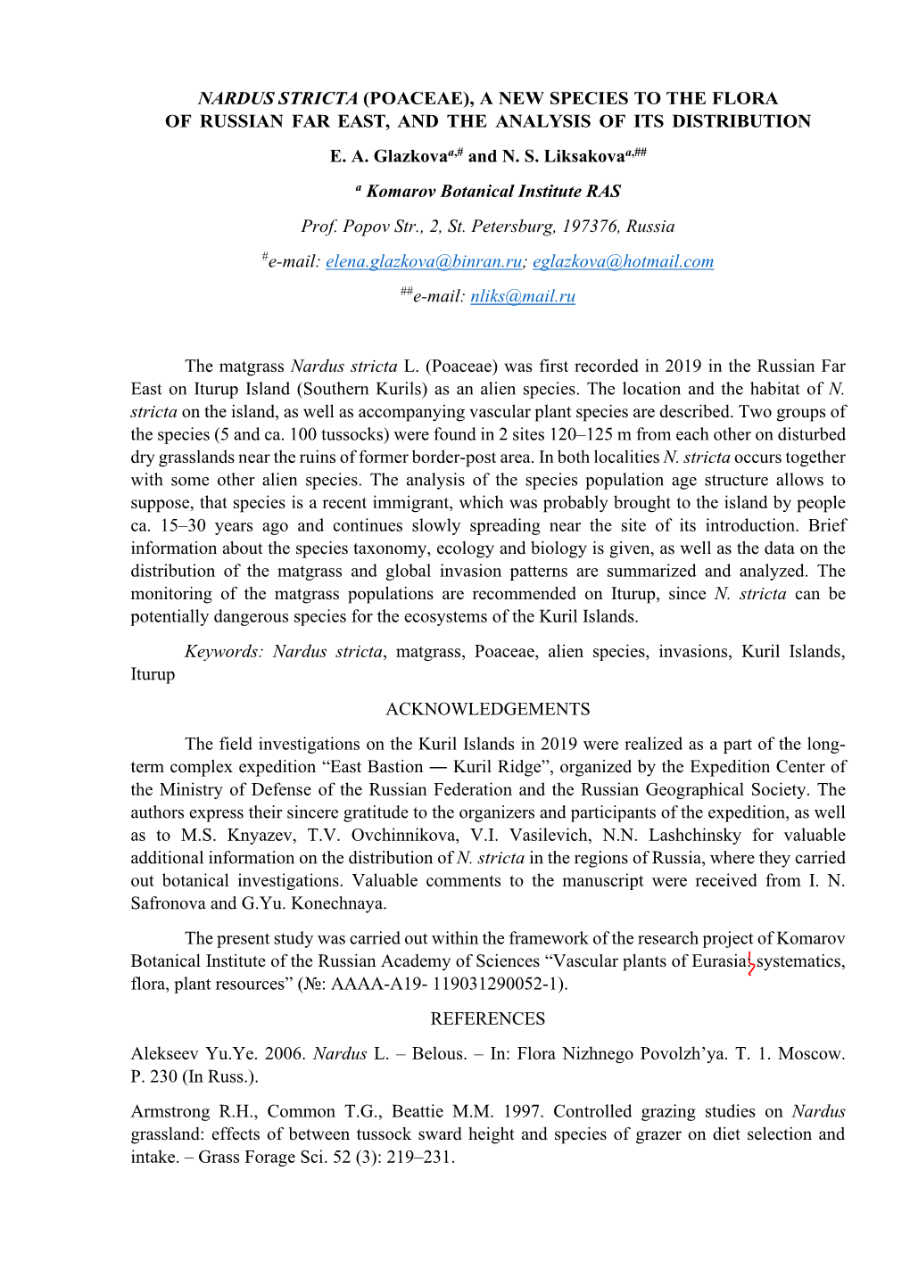 Nardus Stricta (Poaceae), a New Species to the Flora of Russian Far East, and the Analysis of Its Distribution E