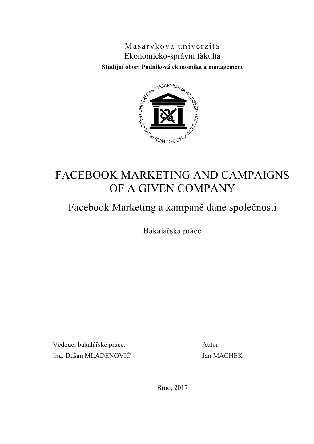 FACEBOOK MARKETING and CAMPAIGNS of a GIVEN COMPANY Facebook Marketing a Kampaně Dané Společnosti