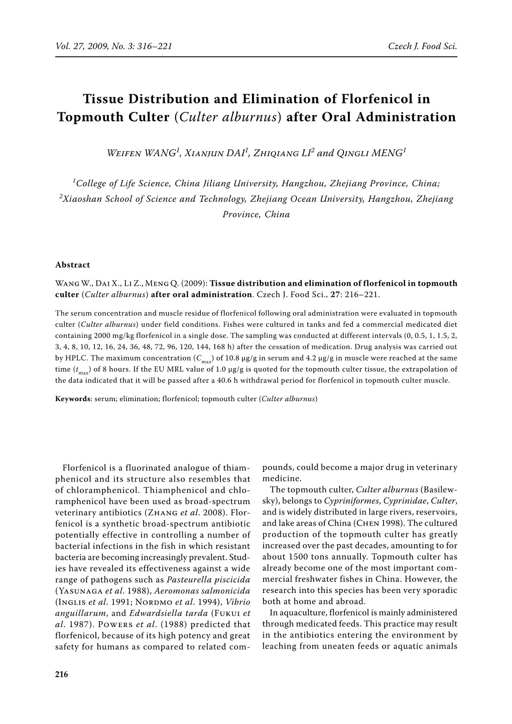 Tissue Distribution and Elimination of Florfenicol in Topmouth Culter (Culter Alburnus) After Oral Administration