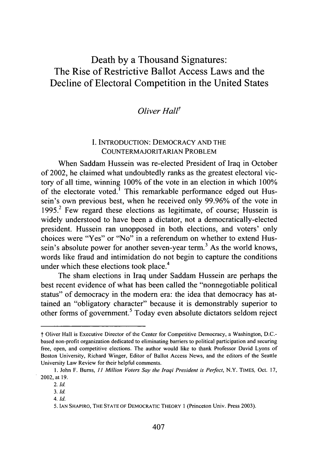 Death by a Thousand Signatures: the Rise of Restrictive Ballot Access Laws and the Decline of Electoral Competition in the United States