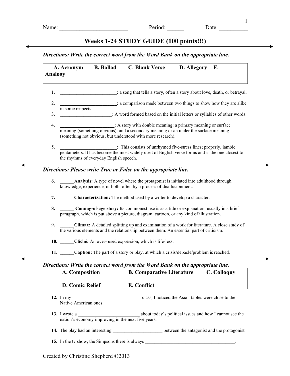 Weeks 1-24 STUDY GUIDE (100 Points )