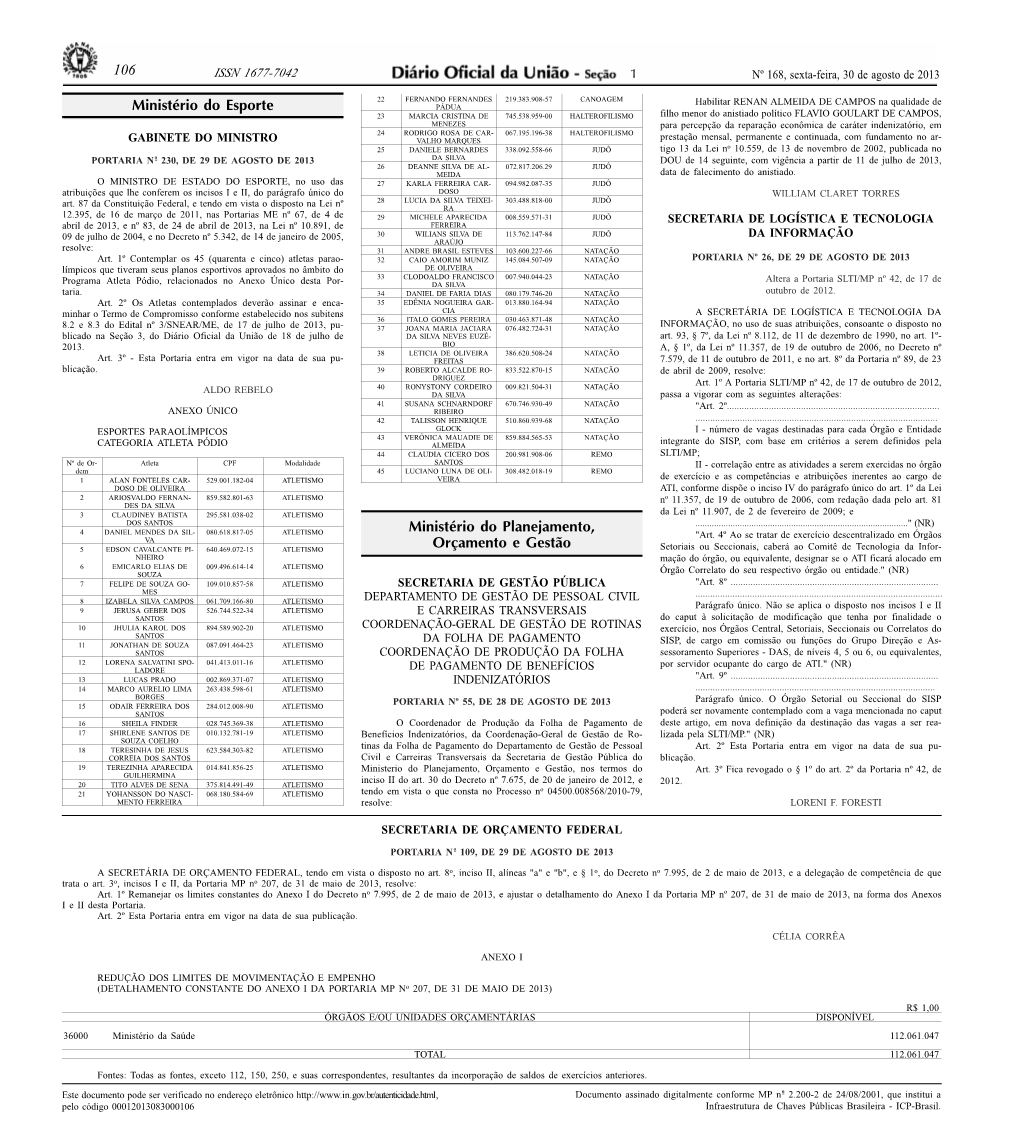 106 1 Ministério Do Esporte Ministério Do Planejamento, Orçamento E