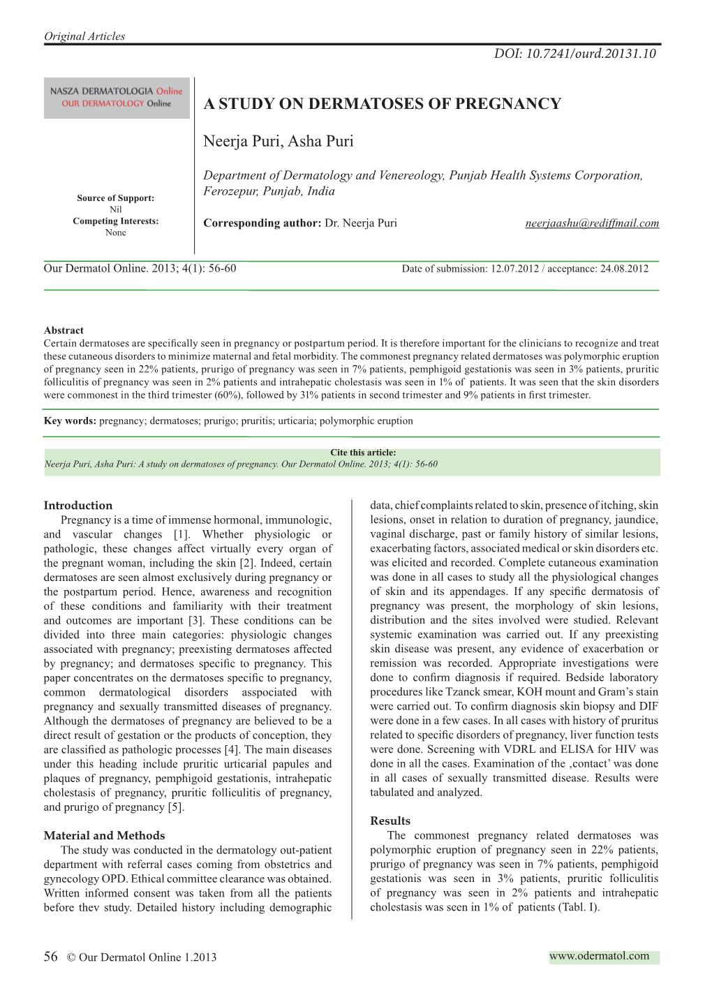 A STUDY on DERMATOSES of PREGNANCY Neerja Puri, Asha Puri